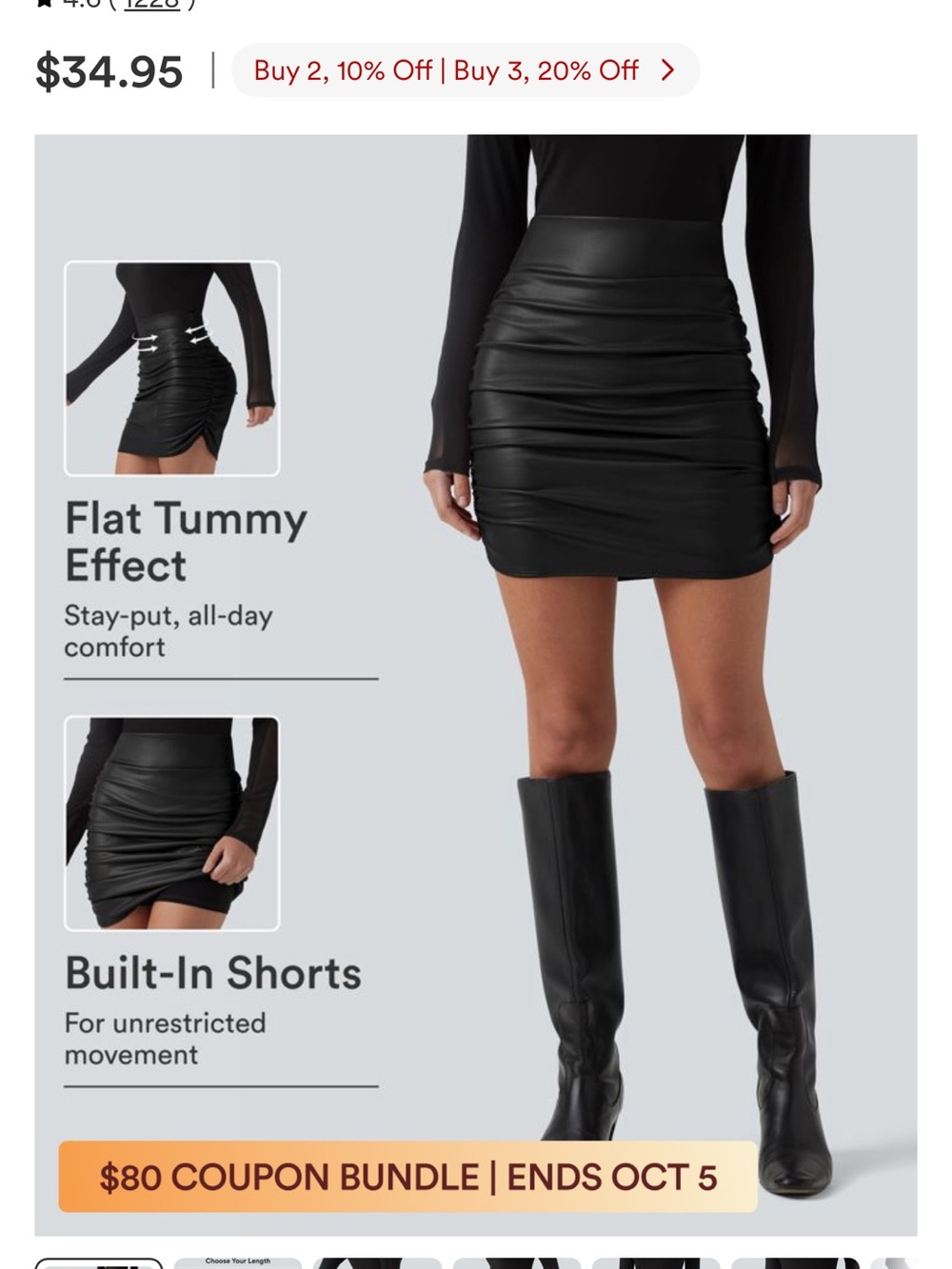 HALARA Black Ruched Mini Skirt with Built-In Shorts